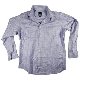David Donahue Mens Dress Shirt 17 34/35 Trim Fit Purple Blue Check Cotton LS